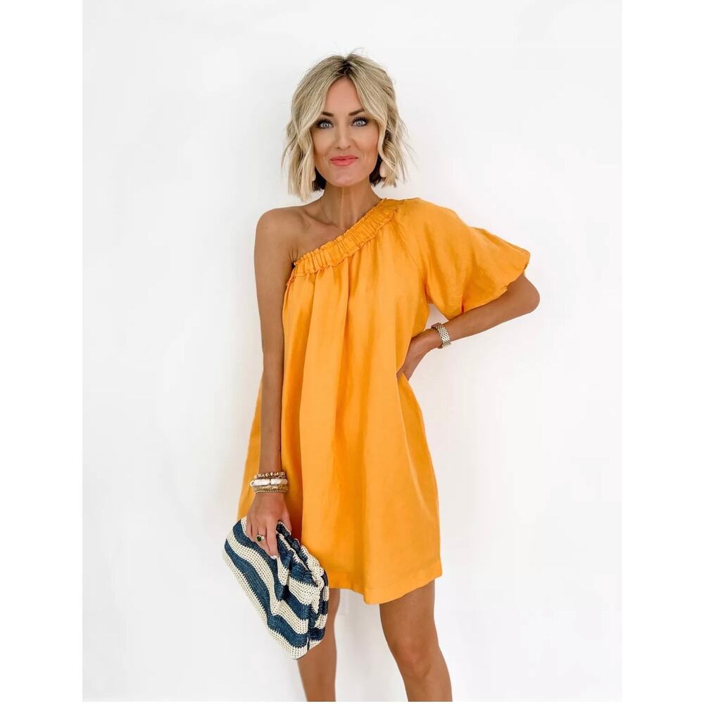 By Anthropologie One-Shoulder Waistless Mini Dress Linen Blend Mango Orange XL - Picture 5 of 6